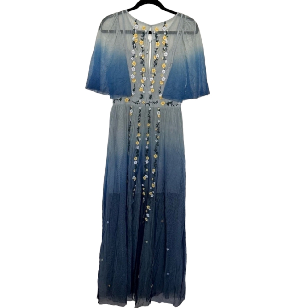 French Connection Blue Ombre Gauze Floral Embroidered Flutter Sleeve Maxi Dress - Picture 8 of 8